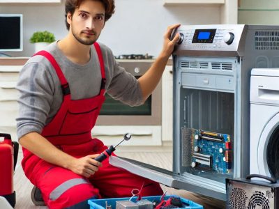 Professional technician repairing home appliances in blue and red colors