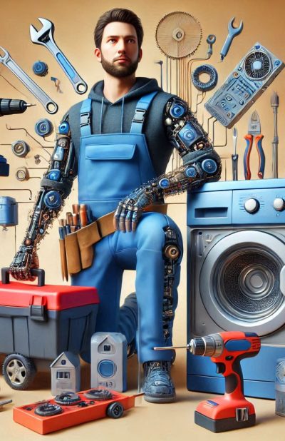 realistic image of a repair person with home appliances in blue and red colors