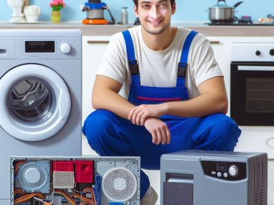 repair person with repaired home appliances in blue and red color